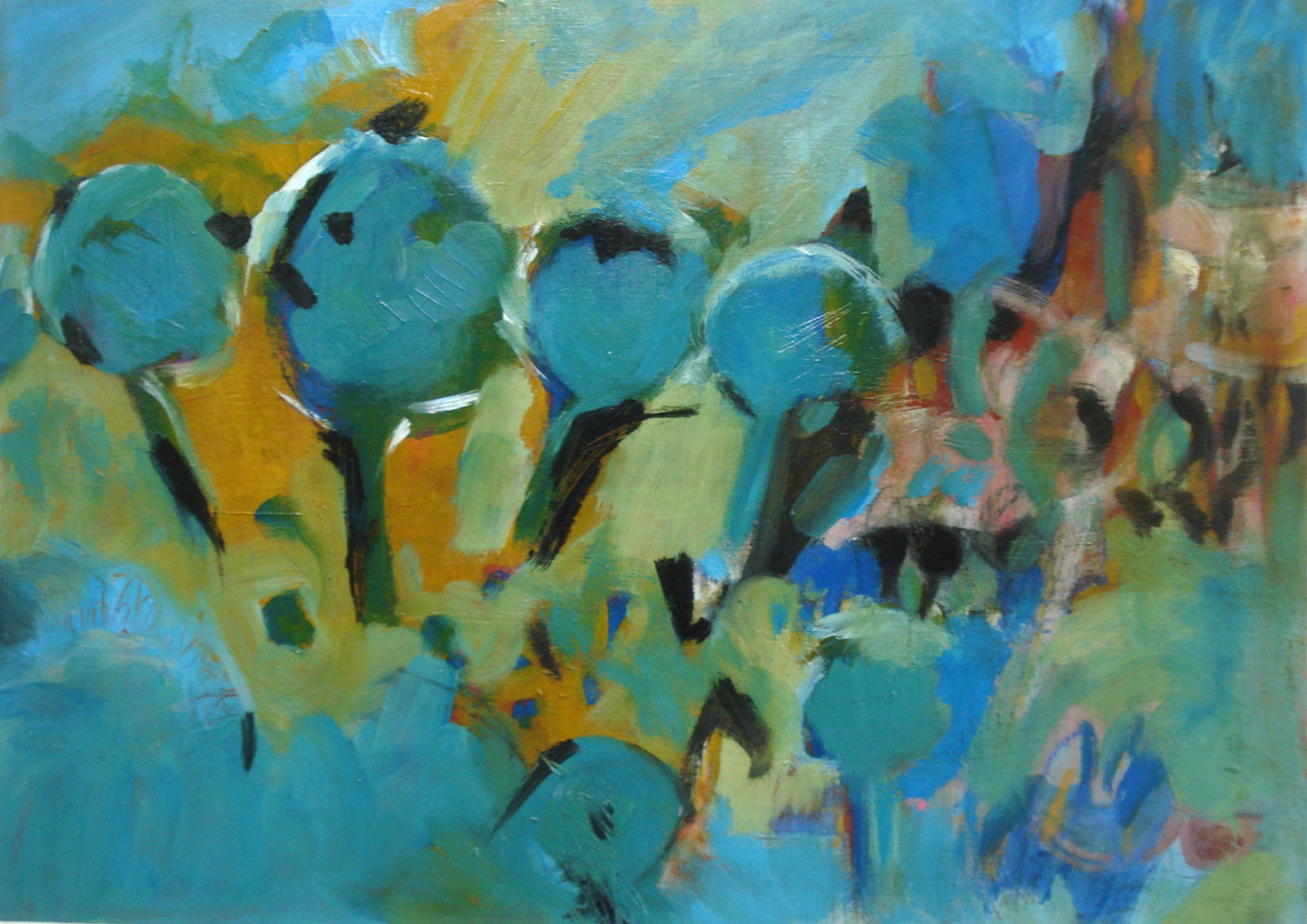4 blaue Bäume - Acryl, Pappe - 70 x 50 cm